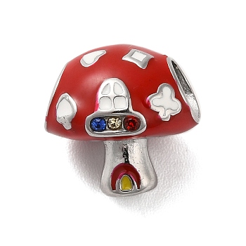 304 Stainless Steel Enamel European Beads, with Rhinestone, Large Hole Beads, Mushroom House, Stainless Steel Color, 12x12x11mm, Hole: 4.5mm