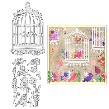 Bird Cage with Flower Carbon Steel Cutting Dies Stencils, for DIY Scrapbooking, Photo Album, Decorative Embossing Paper Card, Stainless Steel Color, 119~130x70~85x0.8mm, 2pcs/set