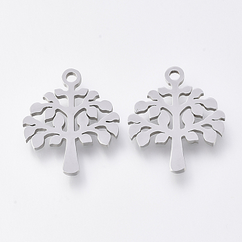201 Stainless Steel Pendants, Laser Cut Pendants, Tree, Stainless Steel Color, 17x14x1mm, Hole: 1.4mm
