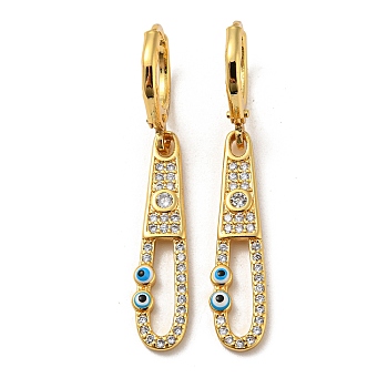 Real 18K Gold Plated Brass Dangle Leverback Earrings, with Enamel and Cubic Zirconia, Evil Eye, Deep Sky Blue, 38.5x6mm