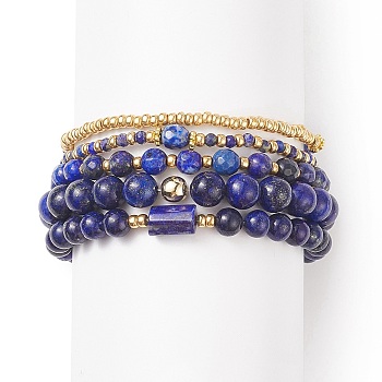 5Pcs 5 Style Natural Lapis Lazuli(Dyed) & Synthetic Hematite & Seed Beaded Stretch Bracelets Set, Gemstone Stackable Bracelets for Men Women, Inner Diameter: 2-1/8 inch(5.4~5.5cm), 1Pc/style
