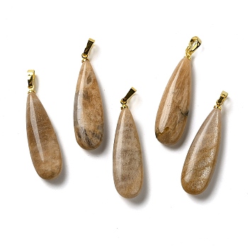 Natural Sunstone Pendants, Teardrop Charms with Rack Plating Golden Tone Brass Snap on Bails, 34~34.5x10~10.5x6~6.5mm, Hole: 6.5x3mm