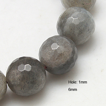 Natural Labradorite Beads Strands, Faceted, Round, Gray, 6mm, Hole: 1mm, about 63pcs/strand, 15.5 inch