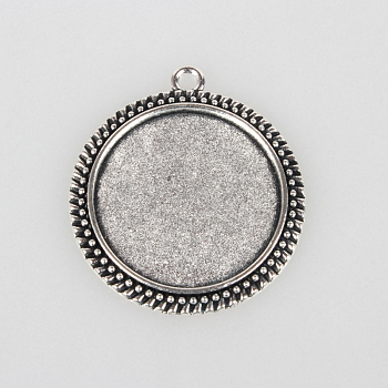 Tibetan Style Alloy Pendant Cabochon Settings, Cadmium Free & Lead Free, Flat Round, Antique Silver, Tray: 30mm, 43x38x2mm, Hole: 3mm