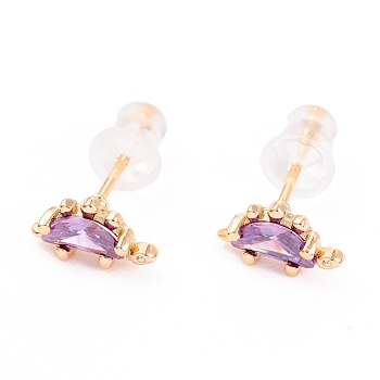 Cute Light Gold Plated Brass Stud Earrings, with Cubic Zirconia and Ear Nuts, Dinosaur, Lilac, 5x9mm, Pin: 0.7mm