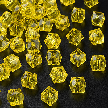 Transparent Acrylic Beads, Faceted, Square, Yellow, 8.5x9.5x9.5mm, Hole: 2.5mm, about 1070pcs/500g