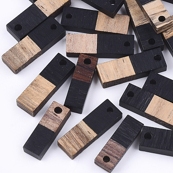 Resin & Walnut Wood Pendants, Rectangle, Black, 17x5.5x3~3.5mm, Hole: 1.5mm
