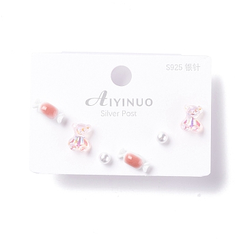 Bling Bear & Candy & Round Resin Stud Earrings Set for Girl Women, with 925 Sterling Silver Plated Pins, Salmon, 4~9x4~11x4~4.5mm, Pin: 0.7mm, 3 pairs/set