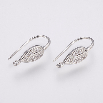 Brass Micro Pave Cubic Zirconia Earring Hooks Findings, with Horizontal Loop, Leaf, Clear, Platinum, 21x6mm, Hole: 1.5mm, Pin: 0.8mm