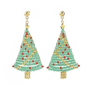 Glass Seed Braided Christmas Tree Dangle Stud Earrings, Golden 304 Stainless Steel Wire Wrapped Long Drop Earrings for Women, Colorful, 59mm, Pin: 0.7mm