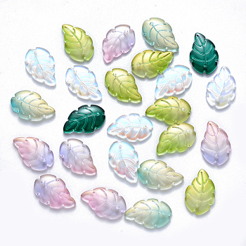 Transparent Glass Pendants, Mixed Style, Leaf, Mixed Color, 23.5x15x3.5mm, Hole: 1.5mm