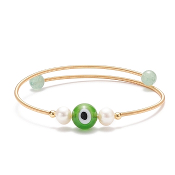 Natural Green Aventurine & Evil Eye Lampwork & Natural Pearl Beaded Bangle, Brass Torque Bangle for Women, Golden, Inner Diameter: 2-1/8 inch(5.5cm)