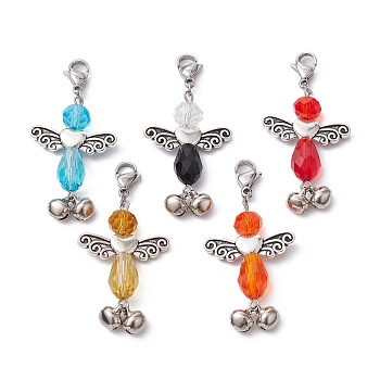 Iron Bell & Angel Glass Pendant Decorations, with Alloy Lobster Claw Clasps, Mixed Color, 48mm