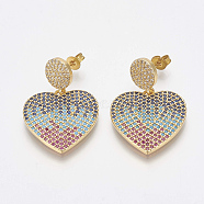 Brass Micro Pave Cubic Zirconia Ear Studs, Dangle Earrings, Heart, Colorful, Golden, 32mm, pin: 0.8mm(EJEW-S201-37G)