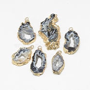 Natural Druzy Agate Pendants, with Golden Tone Iron Findings, Dyed, Nuggets, Gray, 20~60x13~50x4~8mm, Hole: 1~4mm(G-Q494-65B-G)