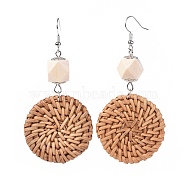 Handmade Reed Cane/Rattan Woven Beads Dangle Earrings, with Wood Beads, Iron Findings and Brass Findings, Flat Round, Peru, 78~79.5mm, Pendant: 37~37.5x37~38.5x5~6mm, Pin: 0.6mm(EJEW-JE03017-01)