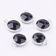 Silver Color Plated Brass Glass Flat Round Charms, Faceted, Black, 12x8.5x3mm, Hole: 1.5mm(GLAA-M003-A-26S)