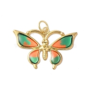 Rack Plating Brass Enamel Pendants, with Jump Ring, Cadmium Free & Lead Free, Long-Lasting Plated, Real 18K Gold Plated, Butterfly Charm, Light Salmon, 18x26.5x1.2mm, Hole: 3.5mm(KK-G504-04G-02)