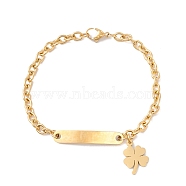 201 Stainless Steel Rectangle & Clover Charm Bracelet with Cable Chain for Women, Golden, 7-5/8 inch(19.3cm)(STAS-P304-18G)