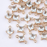 Transparent Glass Links connectors, with Brass Findings, Faceted, Rhombus, Light Gold, Pale Turquoise, 11x7x4mm, Hole: 1mm, Side Length: 5mm(X-GLAA-T007-14G)