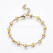 Ion Plating(IP) 304 Stainless Steel Link Chain Bracelets, with Enamel and Lobster Claw Clasps, Heart with Evil Eye, Yellow, 7-1/4 inch(18.5cm)(BJEW-P236-30G-02)