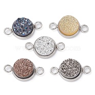 Resin Imitation Druzy Agate Connector Charms, Ion Plating(IP) 304 Stainless Steel Flat Round Links, Platinum, 10x15.5x4mm, Hole: 2mm(PALLOY-JF02189-02)