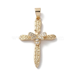 Brass Micro Pave Cubic Zirconia Pendants, Cross, Real 18K Gold Plated, 34.5x24x5.5mm, Hole: 6x3.5mm(KK-A212-08D-G)