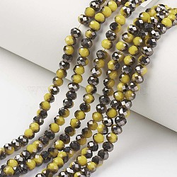 Electroplate Opaque Glass Beads Strands, Half Black Plated, Faceted, Rondelle, Yellow, 4x3mm, Hole: 0.4mm, about 123~127pcs/strand, 16.5~16.9 inch(42~43cm)(EGLA-A034-P4mm-P06)