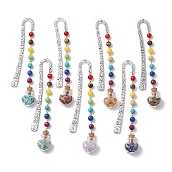7Pcs Chakra Gemstone Bead & Heart Glass Wishing Bottle Pendant Bookmarks, Alloy Hook Bookmarks, 153mm, 1pc/color(AJEW-JK00313)