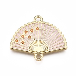 Alloy Links, with Enamel, Folding Fan with Plum Blossom, Light Gold, Pink, 20x23.5x2mm, Hole: 1.5mm(X-ENAM-I043-09A)