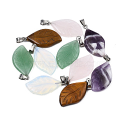 Natural & Synthetic Gemstone Pendants, Leaf Charm, with Stainless Steel Color Tone Stainless Steel Findings, 29x15x4.5mm, Hole: 2.5x5mm(G-S364-076A)