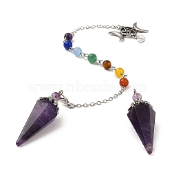 Natural Amethyst Pointed Dowsing Pendulums, with Alloy Triple Moon Pentacles, Lead Free & Cadmium Free, Hexagonal Cone Charm, 263~266mm(G-F754-01H)