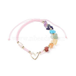 Natural Mixed Stone & Freshwater Pearl Braided Bead Bracelets, Brass Heart Link Bracelet for Men Women, Pearl Pink, Inner Diameter: 2~3-5/8 inch(5.1~9.1cm)(BJEW-JB08720-01)