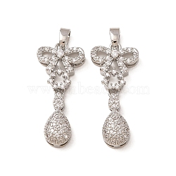 Brass Micro Pave Clear Cubic Zirconia Pendants, Bowknot & Teardrop Charms, Platinum, 26.5x12.5x5mm, Hole: 2x4.5mm(CU-CBADD64-20P)