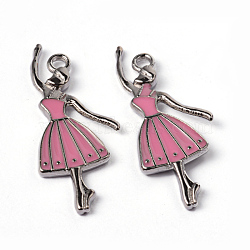 Alloy Enamel Pendants, Lead Free and Cadmium Free, Ballerina, Platinum Color, Pink, about 32mm long, 13mm wide, 2mm thick, hole: 1.5mm(X-EAP1635Y)