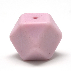 Food Grade Eco-Friendly Silicone Beads, Chewing Beads For Teethers, DIY Nursing Necklaces Making, Faceted Cube, Pink, 14x14x14mm, Hole: 2mm(X-SIL-Q009B-58)