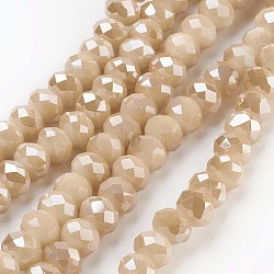 Electroplate Glass Beads Strands, Imitation Jade Glass, Full Rainbow Plated, Faceted, Rondelle, Camel, 6x4~5mm, Hole: 0.8~1mm, about 88~92pcspcs/strand, 15.5 inch~16 inch(39~45cm)(GLAA-K027-FR-B03)