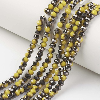 Electroplate Opaque Glass Beads Strands, Half Black Plated, Faceted, Rondelle, Yellow, 4x3mm, Hole: 0.4mm, about 123~127pcs/strand, 16.5~16.9 inch(42~43cm)