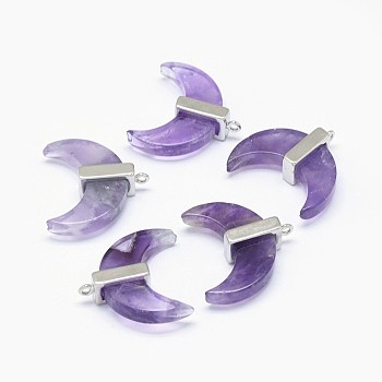 Natural Amethyst Pendants, with Long-Lasting Plated Brass Findings, Moon, Silver Color Plated, 21x22x7mm, Hole: 1.2mm