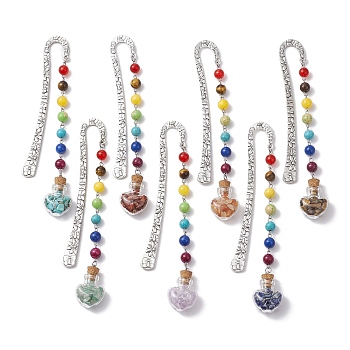 7Pcs Chakra Gemstone Bead & Heart Glass Wishing Bottle Pendant Bookmarks, Alloy Hook Bookmarks, 153mm, 1pc/color