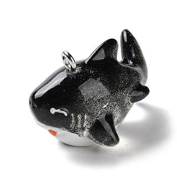 Sea Animal Theme Opaque Resin Pendants, Shark Charms with Platinum Tone Iron Loops, Black, 17.5x17.5x28.5mm, Hole: 2mm