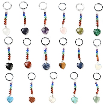Gemstone Heart Pendant Keychain, with 7 Chakra Gemstone Beads and Platinum Tone Brass Findings, 10cm