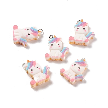Opaque Resin Unicorn Pendants, with Platinum Tone Iron Loops, Colorful, 23.5x20x6mm, Hole: 2mm