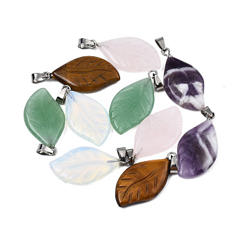 Natural & Synthetic Gemstone Pendants, Leaf Charm, with Stainless Steel Color Tone Stainless Steel Findings, 29x15x4.5mm, Hole: 2.5x5mm