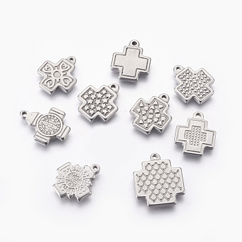 304 Stainless Steel Pendants, Double-sided, Mixed Cross, Stainless Steel Color, 18~22x15~18x2~3mm, Hole: 1.5~1.8mm
