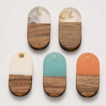 Resin & Walnut Wood Pendants, Waxed, Oval, Mixed Color, 20.5x10.5x3~4mm, Hole: 2mm
