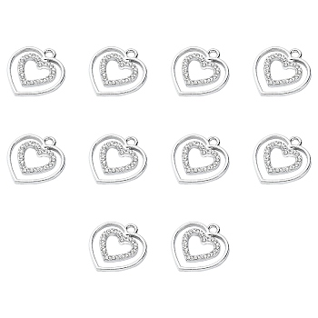 Alloy with Crystal Rhinestone Pendants, Hollow Heart Charms, Platinum, 19.5x18x2mm, Hole: 2mm