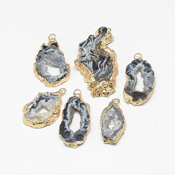 Natural Druzy Agate Pendants, with Golden Tone Iron Findings, Dyed, Nuggets, Gray, 20~60x13~50x4~8mm, Hole: 1~4mm