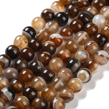 Natural Striped Agate/Banded Agate Beads Strands, Dyed, Round, Sienna, 8mm, Hole: 1.2mm, about 24pcs/strand, 7.48''(19cm)
