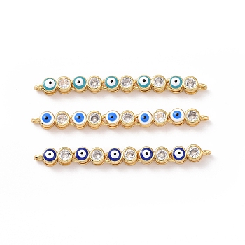 Flat Round with Evil Eye Pattern Brass Micro Pave Clear Cubic Zirconia Enamel Connector Charms, Real 18K Gold Plated, Cadmium Free & Nickel Free & Lead Free, Mixed Color, 45.5x4x4mm, Hole: 1.2mm